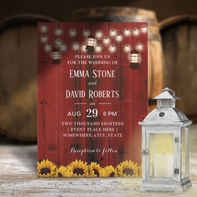 Convites Casamento Rustic Lantern Sunflower Red Barn Countr (Criador carregado)