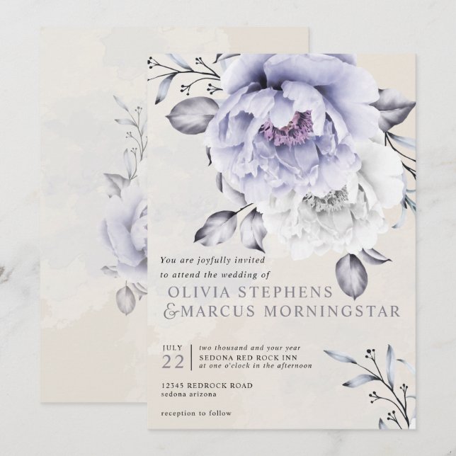 Convites Casamento | Rustic Lilac e Alabaster Peony Floral (Frente/Verso)