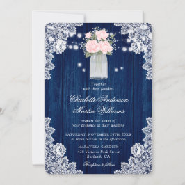 Convites Casamento Rustic Marinho Blue and Blush Wood Lace