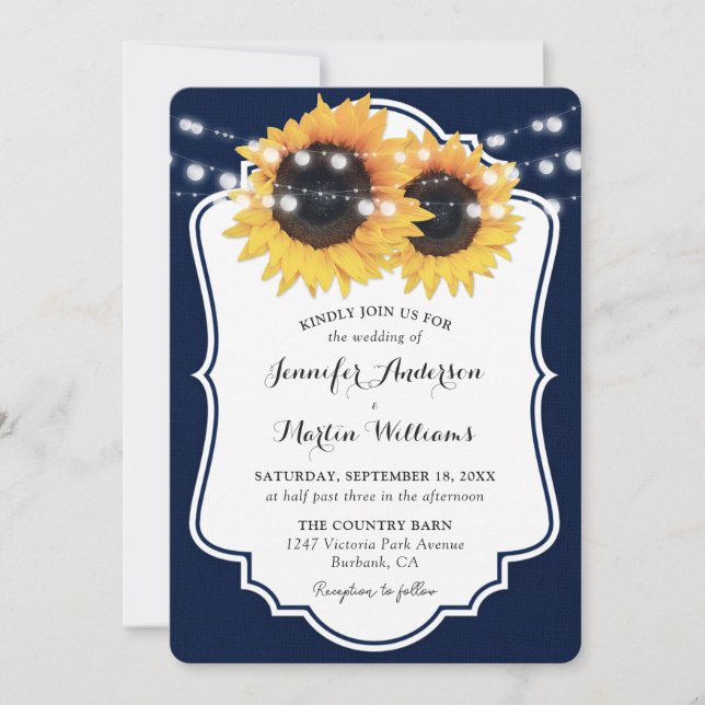 Convites Casamento Rustic Marinho Blue Burlap Sunflower (Frente)