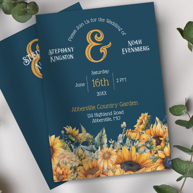 Convites Casamento Rustic Marinho Blue Sunflower (Elegant Navy Blue Rustic Sunflower and Ampersand Wedding Invitation)
