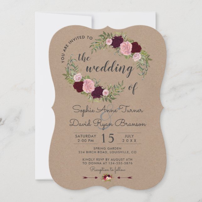 Convites Casamento Rustic Marsala Floral Artesanato Paper (Frente)