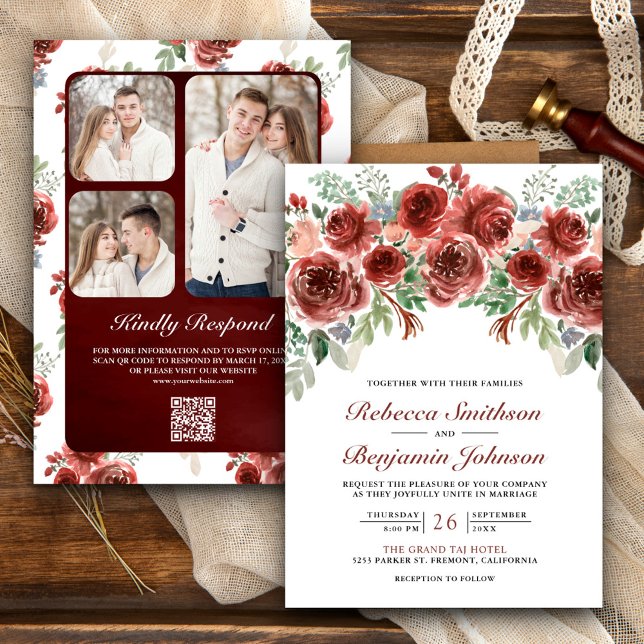 Convites Casamento Rustic Marsala Floral Foto QR Code (Criador carregado)