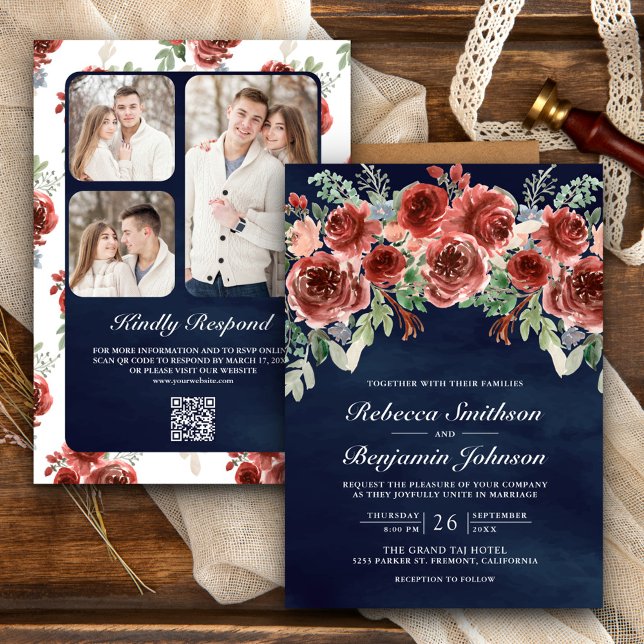 Convites Casamento Rustic Marsala Floral Foto QR Code Marin (Criador carregado)
