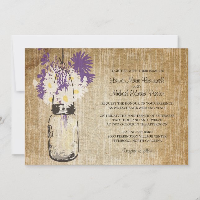 Convites Casamento Rustic Mason Jar e Flores Selvagens (Frente)