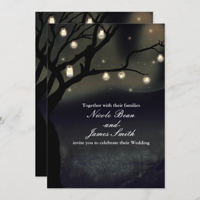 Convites Casamento Rustic Night Tree & Mason Jar Lights (Frente/Verso)