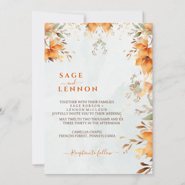 Convites Casamento Rustic Orange Boho Watercolor Blush (Frente)