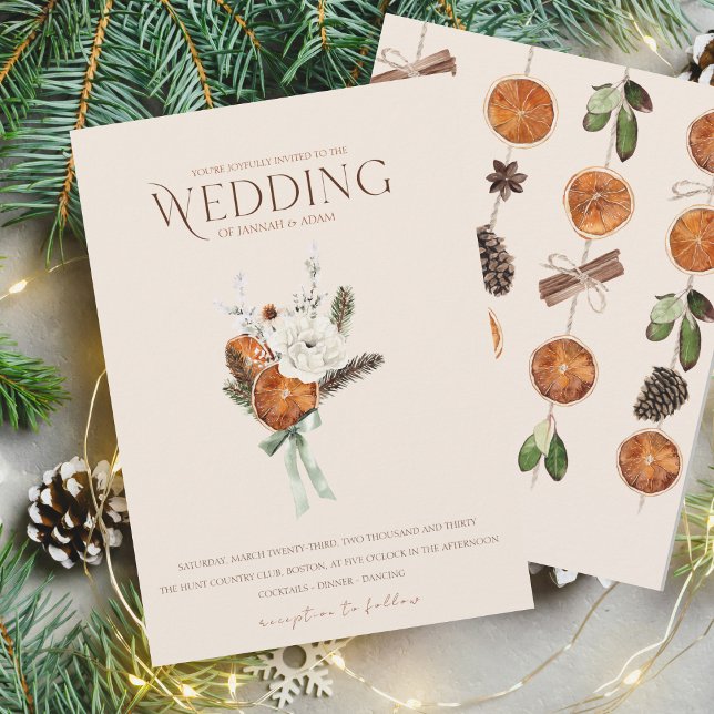 Convites Casamento Rustic Orange Slices White Flowers (Winter Orange Slices Dried Citrus Cinnamon Wedding Invitation)