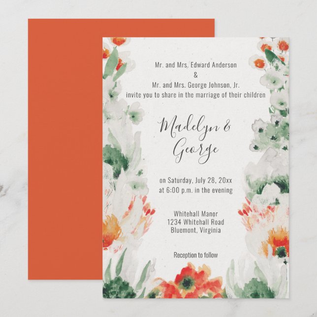 Convites Casamento Rustic Orange White Watercolor (Frente/Verso)