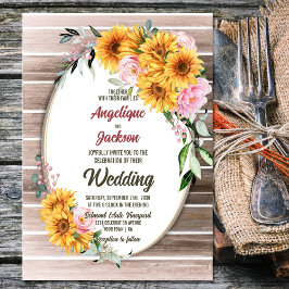 Convites Casamento Rustic Oval Wood Sunflower