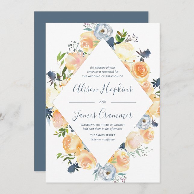 Convites Casamento Rustic Peach e White Peony (Frente/Verso)