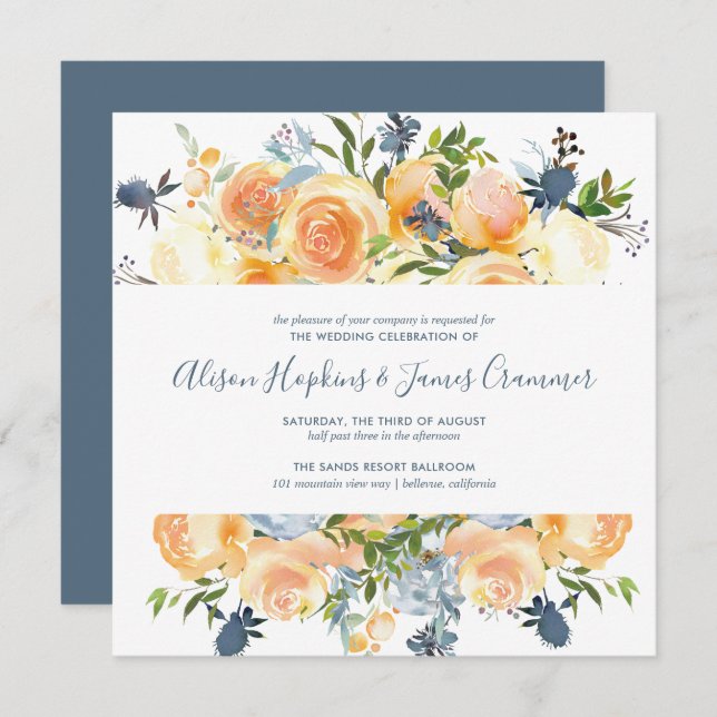 Convites Casamento Rustic Peach Peony Floral Buquê SQ (Frente/Verso)