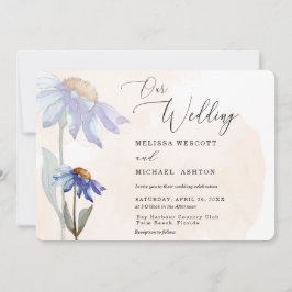 Convites Casamento Rustic Peach Watercolor Púrpura Daisy