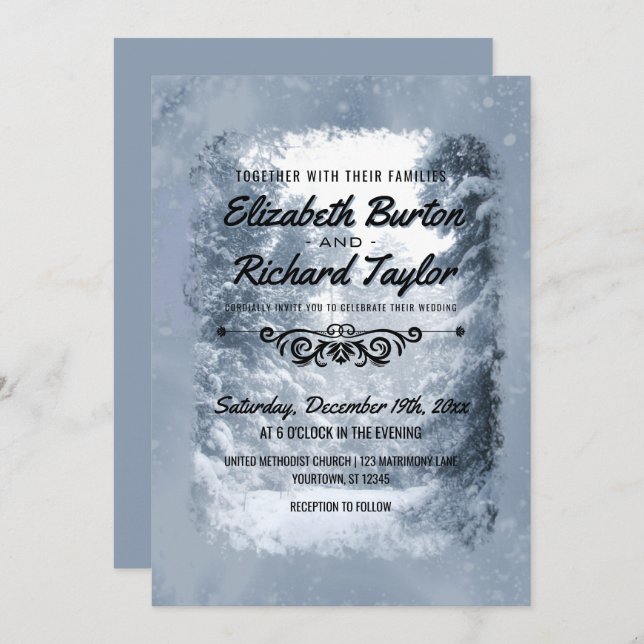 Convites Casamento Rustic Pine Trees Blue Winter Wonderland (Frente/Verso)