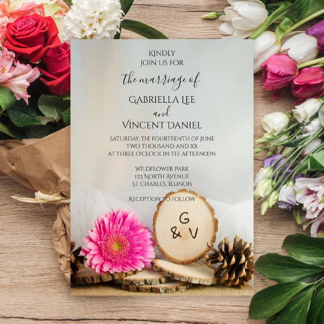 Convites Casamento Rustic Pink Gerber Daisy Natural Woods (Criador carregado)