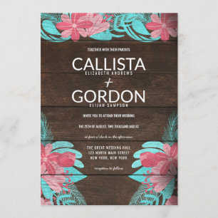 Convites Casamento Rustic Pink Teal Floral Wood Barn