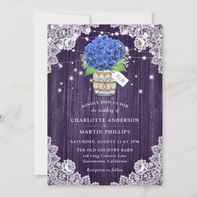 Convites Casamento Rustic Purple e Blue Hydrangea (Frente)