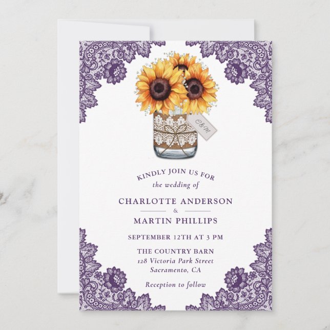 Convites Casamento Rustic Purple Sunflower (Frente)