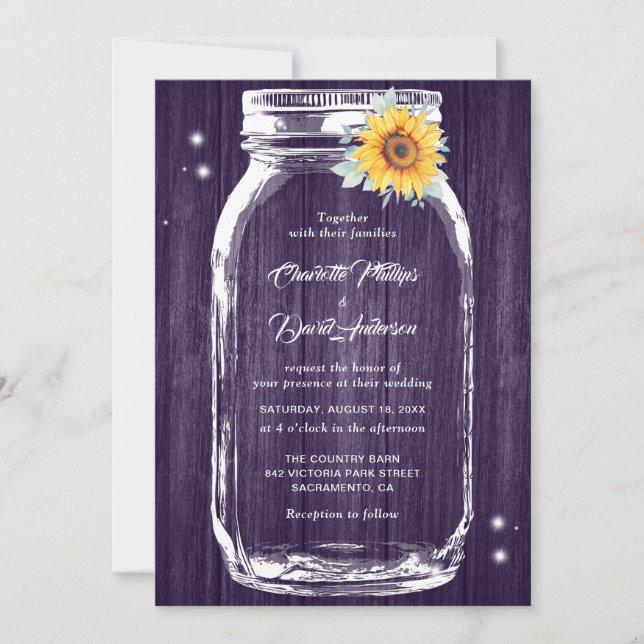 Convites Casamento Rustic Purple Wood Mason Jar Sunflower (Frente)