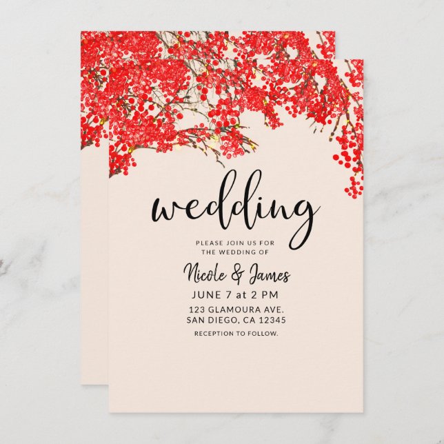 Convites Casamento Rustic Red Berries Berry Tree Branches (Frente/Verso)