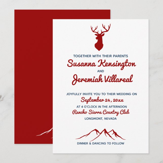 Convites Casamento Rustic Red Blue Buck Deer Country Mounta (Frente/Verso)
