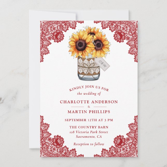 Convites Casamento Rustic Red Lace Sunflower (Frente)