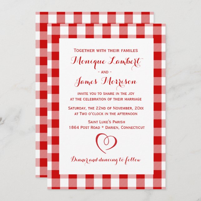 Convites Casamento Rustic Red White Xadrez Gingham Country (Frente/Verso)