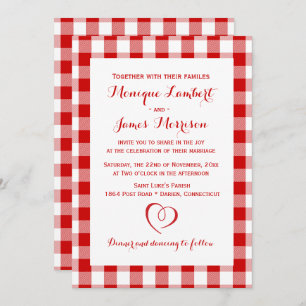 Convites Casamento Rustic Red White Xadrez Gingham Country