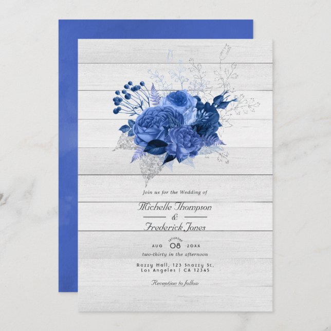 Convites Casamento Rustic Royal Blue & Silver Floral Código (Frente/Verso)