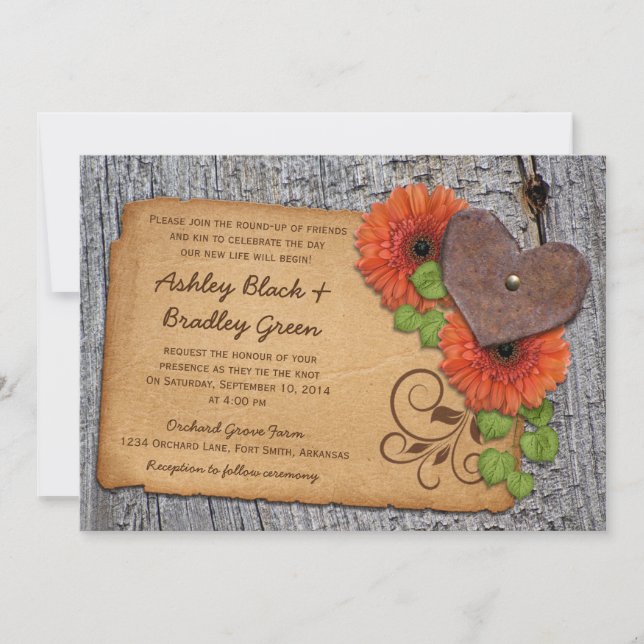 Convites Casamento Rustic Rusty Heart Orange Daisy Country (Frente)