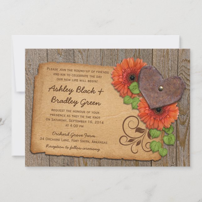 Convites Casamento Rustic Rusty Heart Orange Daisy Country  (Frente)