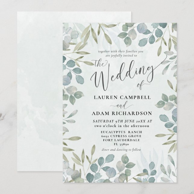 Convites Casamento Rustic Sage Green Eucalyptus Watercolor (Frente/Verso)