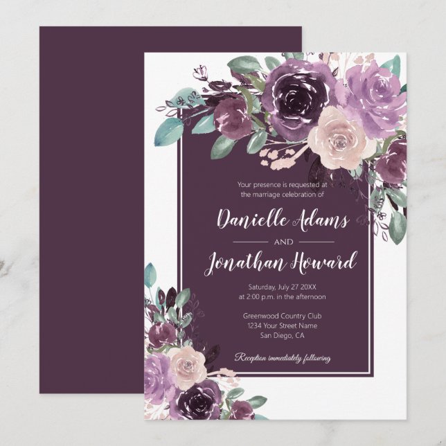 Convites Casamento Rustic Sangria Dark Purple Mauve Flowers (Frente/Verso)
