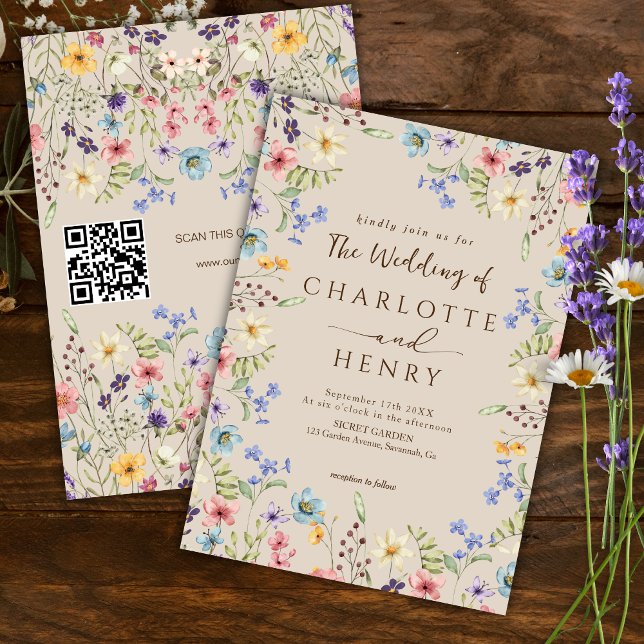 Convites Casamento Rustic Simple Wildflower Beige QR Code (Criador carregado)