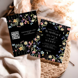 Convites Casamento Rustic Simple Wildflower Black Código QR