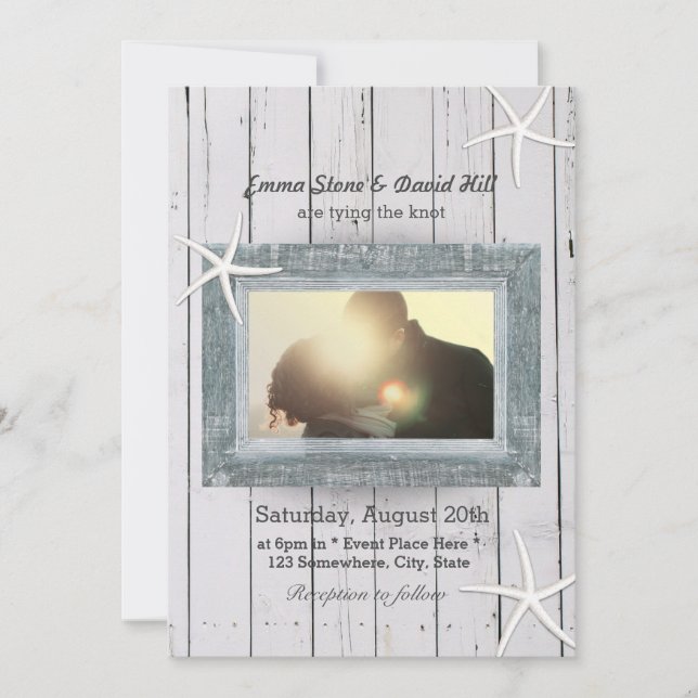 Convites Casamento Rustic Starfish & Weathered Wood Photo (Frente)