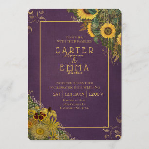 Convites Casamento Rustic Sunflower and Lace Purple Country