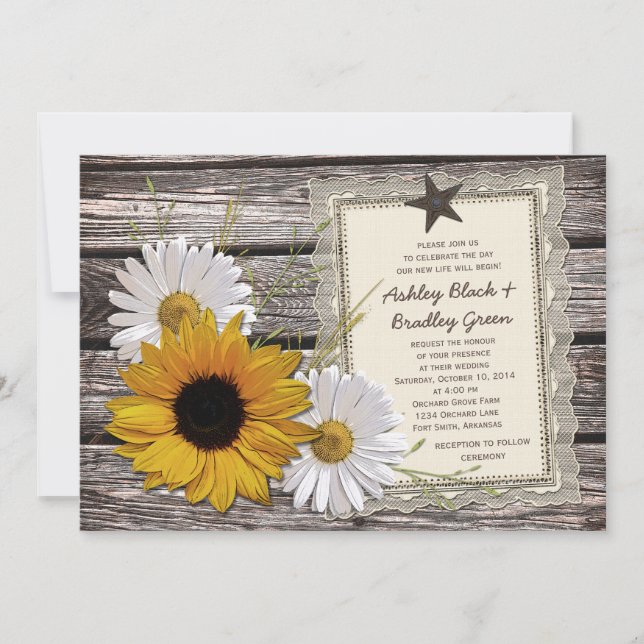Convites Casamento Rustic Sunflower Daisy Lace Wood (Frente)