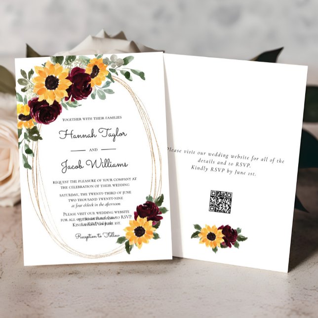 Convites Casamento Rustic Sunflower e Rosas Código QR (Criador carregado)