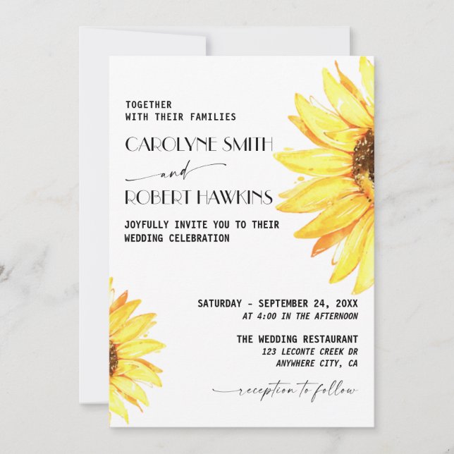 Convites Casamento Rustic Sunflower Elegant Watercolor (Frente)