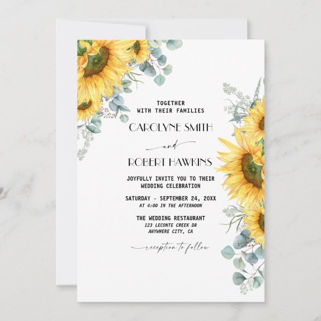 Convites Casamento Rustic Sunflower Eucalyptus Watercolor (Frente)