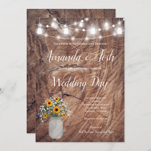 Convites Casamento Rustic Sunflower Floral Mason Jar Countr (Frente/Verso)
