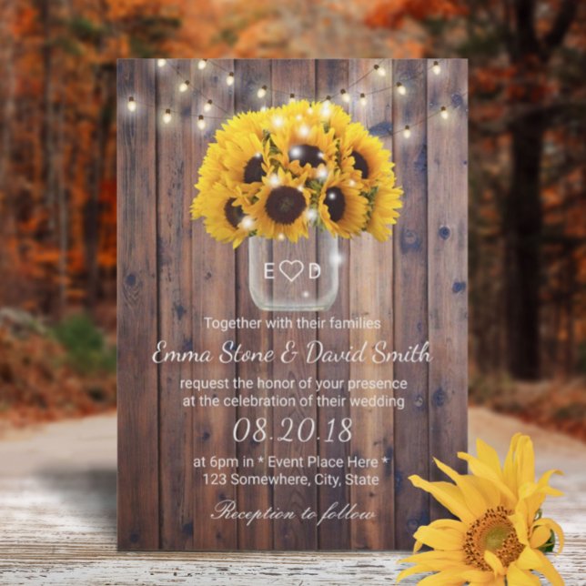 Convites Casamento Rustic Sunflower Jar String Luzes Barn (Criador carregado)