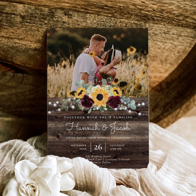 Convites Casamento Rustic Sunflower Photo Barn Wood (Criador carregado)