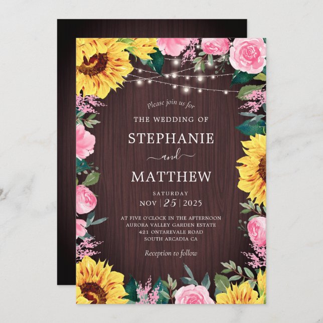 Convites Casamento Rustic Sunflower PInk Floral (Frente/Verso)