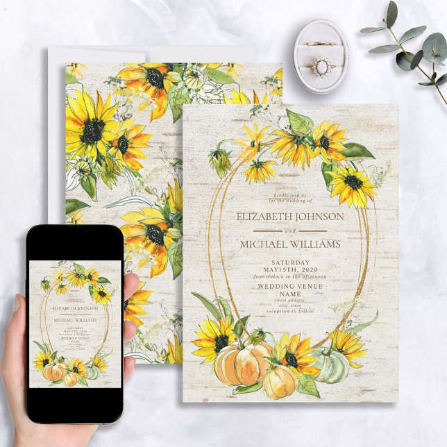 Convites Casamento Rustic Sunflower Pumpkin Watercolor Birc (Criador carregado)
