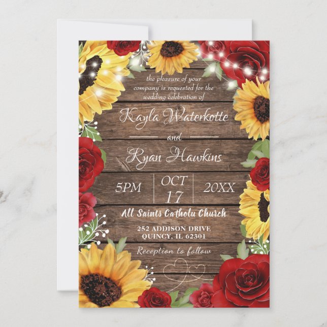 Convites Casamento Rustic Sunflower Rosa Wood Background (Frente)