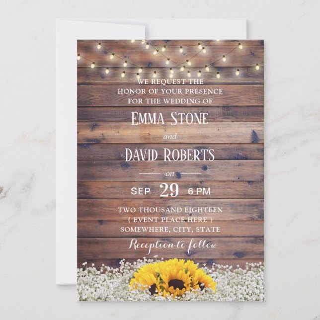 Convites Casamento Rustic Sunflower & String Lights Barn (Frente)