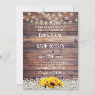Convites Casamento Rustic Sunflower & String Lights Barn