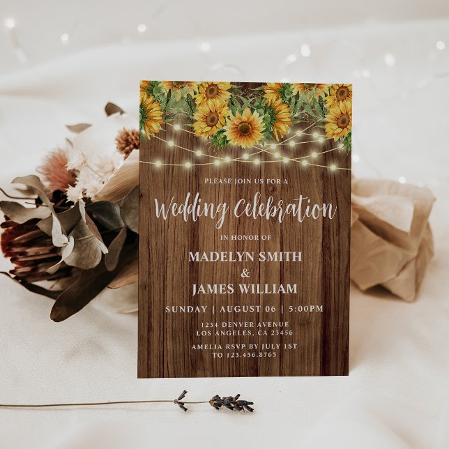 Convites Casamento Rustic Sunflower String Luzes (Criador carregado)